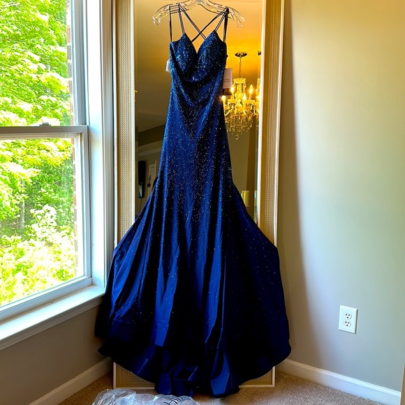 Sherri hill Rhinestone embellished jersey gown deep V neckline and lace up back. - Picture 8 of 17